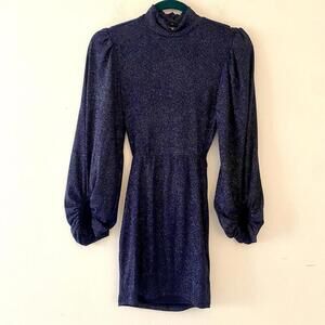 LUCY IN THE SKY navy sparkle bell sleeve high neck open back mini dress